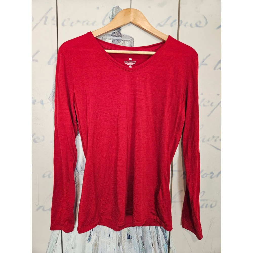 Seg'ments Long Sleeve Top Large Red 100% Merino Wool V-Neck Base Layer Classic